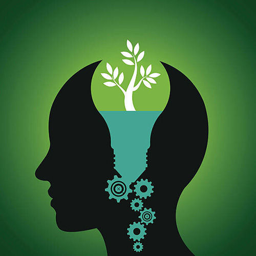 Side view of an illustrated human head filled with water and a tree growing out the top.